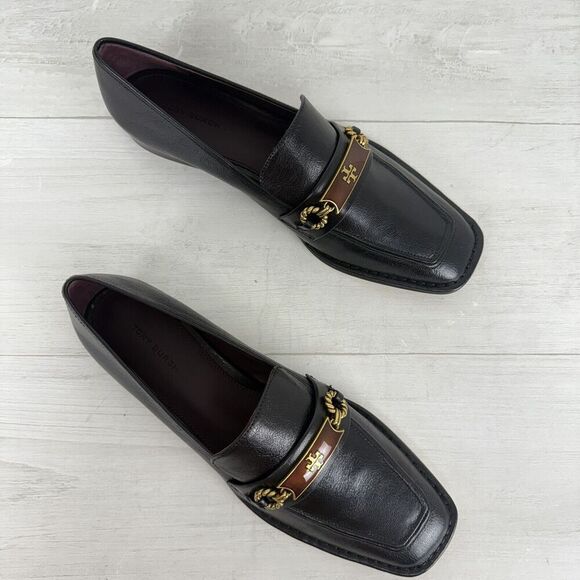 Tory Burch Size 8.5 Perrine Loafer Shoes Square Toe Logo Leather Perfect Black - Picture 16 of 16